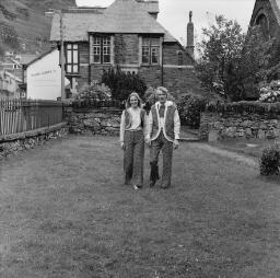 Cedri Roberts, Square. R. E Jones's Shop, Staff N. P Bank, Toni and Aloma, Ffestiniog Railway engine, Wedding at Cymerau Ychaf - Jun-69 thumbnail